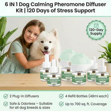 Load image into Gallery viewer, Dog Pheromone Diffuser Kit, Pet Diffuser for Stress Support, Reduces Stress and Promotes Relaxed Behavior, 2 Plug-in + 4 Packs Refill, 120 Day Supply (Non-Toxic, Safe & Inedible), Diffuser with Light
