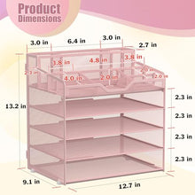 Load image into Gallery viewer, Docnest 5 Tier Mesh Desk Organizer for Paper Office Supplies – Multi-Functional Letter Tray with 5 Adjustable Compartments, 3 Pen Holders, Desktop Storage for Files, Mail, Stationery – Pink