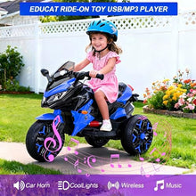 Load image into Gallery viewer, 3-Wheel Ride-On Toy Motorbike with Lighting Wheels, Music Player (Connect with Phone) and Hand Drive (Blue)