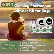 Load image into Gallery viewer, Dog Calming Pheromone Diffuser Kit with Timer – 2 Plug-Ins + 4 Refills – Smart 4-Level Timing Calming Aid – Stress Relief for Dogs – Help with Anxiety, Barking, Fighting, Thunder, Travel, Vet Visits