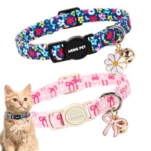 Load image into Gallery viewer, ARING PET 2 Pack Cat Collars with Bell, Cute Soft Cotton Kitten Kitty Breakaway Spring Summer Cat Collars for Boy Girl Cats-Pink Bow & Blue Floral