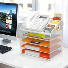 Load image into Gallery viewer, DocNest 5 Tier Metal Mesh Letter Tray - Space Saving Desk File Organizer with Handle, Pen Holder & Folder Holder - Desktop Document Sorter for Office, Home, School, Classroom - White