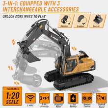 Load image into Gallery viewer, kolegend 3 in 1 Remote Control Excavator Toy 14 Channel RC Excavator Toy for Boys 3-12 with Bucket/Claw/Drill 2.4GHz Full Functional Construction Vehicles Toys Gift for 6 7 8 9 10 Years Old Kids Boys
