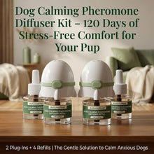 Load image into Gallery viewer, Dog Calming Pheromone Diffuser Kit, Pet Diffuser for Stress Support, Reduces Stress and Promotes Relaxed Behavior, 2 Plug-in & 4 Packs Refill, 120 Day Supply (Non-Toxic, Safe & Inedible), with Light