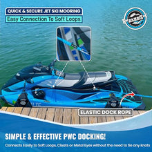 Load image into Gallery viewer, WAVESRX DockingPal™ - Premium Flat Bungee Dock Line for Boats | Elastic Boat Dock Rope with 1 Stainless Steel Carabiner & 1 Loop | Stretches from 5' to 9' for Jet Ski, PWC & Boat