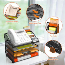 Load image into Gallery viewer, DocNest 4 Tier Metal Mesh Letter Tray - Space Saving Desk File Organizer with Handle, Pen Holder & Folder Holder - Desktop Document Sorter for Office, Home, School, Classroom - Black