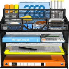 Load image into Gallery viewer, Docnest 4 Tier Mesh Desk Organizer, Multi-Functional Paper Letter Tray with 5 Adjustable Compartments & 3 Pen Holders - Space-Saving Desktop Storage for Office Files, Mail, Stationery - Black
