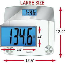 Load image into Gallery viewer, Taylor Digital Scales for Body Weight, Extra High 440 LB Capacity, Unique Blue LCD, Stainless Steel Accents Glass Platform, 12.4 x 12.4 Inches, Clear