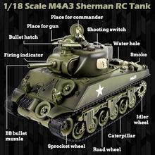 Load image into Gallery viewer, 1/18 M4A3 Sherman RC Tank, Smoke, LED Light, Sound, 15 Channel Remote Control Tank, Army Toys