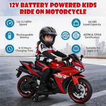 Load image into Gallery viewer, Kids Electric Motorcycle, 12V Kids Ride on Car LED Lights, Music Player & Horn with Training Wheels
