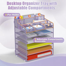Load image into Gallery viewer, Docnest 6 Tier Mesh Desk Organizer for Paper Office Supplies – Multi-Functional Letter Tray with 5 Adjustable Compartments, 5 Pen Holders, Desktop Storage for Files, Mail, Stationery – Purple