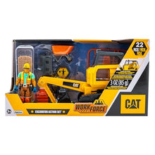 Load image into Gallery viewer, Cat Workforce Excavator Action Set, 23-Piece Kids Construction Toy Playset with 4-Inch Figure, Non-Drying Dirt Compound, Molds, Signs, Tools & Accessories, Ages 3+