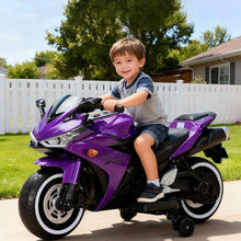 Load image into Gallery viewer, 12V Electric Ride On Motorcycle for Kids, Training Wheels, Full Hand Drive Motorbike Toy, Perfect for Boys and Girls (3-8 Yrs) (Purple)