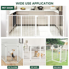 Load image into Gallery viewer, Snagle Paw Metal Freestanding Dog Gate with Door, 80” W x 32” H Dog Fence with Support Feet for Doorways, Stairs and Hallways, Portable Pet Gate for Indoor Use (4 Panel, White)
