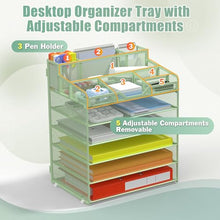 Load image into Gallery viewer, Docnest 6 Tier Mesh Desk Organizer for Paper Office Supplies – Multi-Functional Letter Tray with 5 Adjustable Compartments, 6 Pen Holders, Desktop Storage for Files, Mail, Stationery – Green