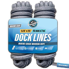 Load image into Gallery viewer, Premium Nylon Boat Dock Lines & Ropes for Docking & Pontoon | Double Braided Marine Rope | Boat Ropes for Docking with Loop | UV & Saltwater Resistant Dock Rope (Marine Gray, 5/8” x 25’)
