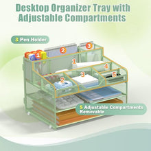 Load image into Gallery viewer, Docnest 3 Tier Mesh Desk Organizer for Paper Office Supplies – Multi-Functional Letter Tray with 5 Adjustable Compartments, 3 Pen Holders, Desktop Storage for Files, Mail, Stationery – Green