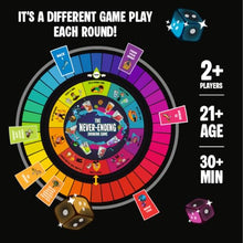 Load image into Gallery viewer, The Never-Ending Drinking Game Board Game For Adults 21+ – Dice & Dare Party Game for 2+ Players, Funny Adult Drinking Game for Parties, Pregames & Birthday Game Night, Spill-Proof Rubber Board