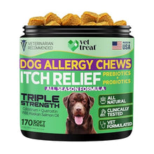 Load image into Gallery viewer, Vet Treat Dog Allergy Relief Chews - 170 Dog Allergy Chews - Itch Relief for Dogs - Anti Itch for Dogs - Dry & Itchy Skin - Allergies & Immune Support Supplement, Omega 3, Fish Oil, Colostrum - USA