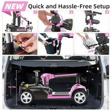 Load image into Gallery viewer, 20 Miles 4 Wheels Mobility Scooter for Seniors/Adults Up to 300LBS,350W Electric Wheelchair Detachable Lithium Battery,Dual Baskets,Rotating Seat,with Taillight, USB Charging, Pink