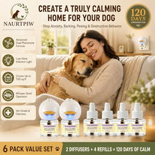 Load image into Gallery viewer, Dog Calming Diffuser 6 Pack (2 Plug in + 4 Refills), 120 Days Supply, Dog Pheromone Diffuser for Anxiety Relief, Destructive Behavior, Pee Accidents, Separation Anxiety, Aggression, Barking & Chewing