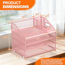 Load image into Gallery viewer, DocNest 4 Tier Metal Mesh Letter Tray - Space Saving Desk File Organizer with Handle, Pen Holder & Folder Holder - Desktop Document Sorter for Office, Home, School, Classroom - Pink