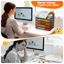 Load image into Gallery viewer, DocNest 5 Tier Metal Mesh Letter Tray - Space Saving Desk File Organizer with Handle, Pen Holder & Folder Holder - Desktop Document Sorter for Office, Home, School, Classroom - Black