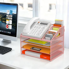Load image into Gallery viewer, DocNest 4 Tier Metal Mesh Letter Tray - Space Saving Desk File Organizer with Handle, Pen Holder & Folder Holder - Desktop Document Sorter for Office, Home, School, Classroom - Pink