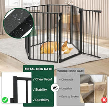 Load image into Gallery viewer, Snagle Paw Full Metal Freestanding Dog Gate with Door, 120” W x 32” H Pet Gate with Support Feet for Doorways, Stairs and Hallways, Portable Dog Fence for Indoor Use (32" 6 Panel, Black)