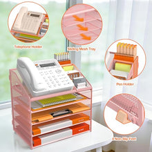 Load image into Gallery viewer, DocNest 5 Tier Metal Mesh Letter Tray - Space Saving Desk File Organizer with Handle, Pen Holder & Folder Holder - Desktop Document Sorter for Office, Home, School, Classroom - Pink