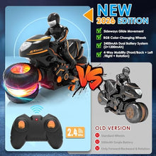 Load image into Gallery viewer, Remote Control Motorcycle for Kids 5-12, 2026 New Edition RC Stunt Bike with Sideways Glide, RGB Color-Changing Wheels