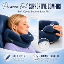 Load image into Gallery viewer, BCOZZY Flat Back Travel Neck Pillow – Patented Neck Pain Relief & Support for Head, Neck, and Chin. Ideal for Airplanes, Long Flights, Car Rides. Adjustable, Washable, with Carry Bag. Large, Navy