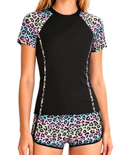 Load image into Gallery viewer, DOCUMO Girls Rash Guard Swimsuit 2-Piece Short Sleeve Colorblock Quick Dry Bathing Suit UPF 50+ Beach Swimwear Size 6-15Y (Leopard# Black, X-Large)