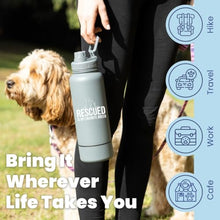 Load image into Gallery viewer, Rescue Dog Lover Water Bottle – 32 oz Stainless Steel Double Wall Insulated with 8 oz Detachable Bowl – Animal Rescue Gifts for Dog or Cat Lovers – “Rescued is My Favorite Breed” – Smoky Grey