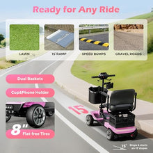 Load image into Gallery viewer, Mobility Scooter for Adults with Spare Battery – 24.8 Miles Total Range, 4-Wheel Foldable Portable Motorized Scooter, 330 lbs Capacity, Dual Baskets, Cup & Phone Holder, Pink