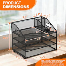 Load image into Gallery viewer, DocNest 4 Tier Metal Mesh Letter Tray - Space Saving Desk File Organizer with Handle, Pen Holder & Folder Holder - Desktop Document Sorter for Office, Home, School, Classroom - Black