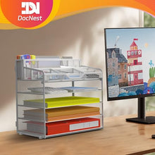Load image into Gallery viewer, Docnest 5 Tier Mesh Desk Organizer for Paper Office Supplies – Multi-Functional Letter Tray with 5 Adjustable Compartments, 3 Pen Holders, Desktop Storage for Files, Mail, Stationery – White