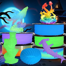 Load image into Gallery viewer, 1.75mm PLA 3D Printer Filament Bundle: Glow in Dark Green/Blue/Purple/Rainbow, One Spool Clear Multi Colored, Each Spool 250g, Total 1.25Kg 3D Printing Material, 250g x 5 Spools Glow in Dark PLA