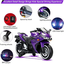 Load image into Gallery viewer, 12V Electric Ride On Motorcycle for Kids, Training Wheels, Full Hand Drive Motorbike Toy, Perfect for Boys and Girls (3-8 Yrs) (Purple)
