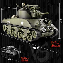 Load image into Gallery viewer, 1/18 M4A3 Sherman RC Tank, Smoke, LED Light, Sound, 15 Channel Remote Control Tank, Army Toys