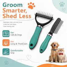 Load image into Gallery viewer, Dog Brush and Cat Deshedding Rake, Pet Grooming Tool for Shedding with Rounded Stainless Steel Teeth, Comfortable Grip for Long or Thick Coats (Green with Comb)