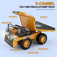 Load image into Gallery viewer, KIDMARKT RC Dump Truck Toy for Kids | 9-Channel Metal Construction Vehicle with Working Bed, Lights & Sounds.