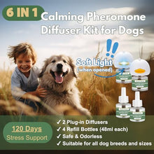 Load image into Gallery viewer, Dog Pheromone Calming Diffuser Kit, Calming Diffuser for Dog (2 Plug-Ins & 4×48ml Refills) for Stress Support, Helps Reduce Barking & Aggression, 120-Day Supply (Non-Toxic, Safe & Inedible)