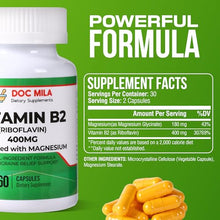 Load image into Gallery viewer, Doc Mila Vitamin B2 Riboflavin 400mg Capsules – Migraine Relief Supplement for Kids & Adults – Headache Support – Vegan Vitamin Tablets – 60 Pills (200mg per Capsule)