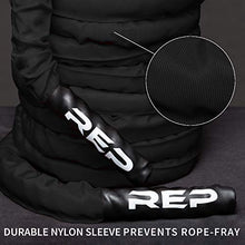 Load image into Gallery viewer, REP Battle Ropes - PolyDacron Battle Rope for Strength and Conditioning Workouts – 1.5" and 2" Diameter, 30ft, 40ft, 50ft Lengths with Optional Cover Sleeve (Black, 1.5 inch x 50 ft)