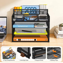 Load image into Gallery viewer, Docnest 4 Tier Mesh Desk Organizer, Multi-Functional Paper Letter Tray with 5 Adjustable Compartments & 3 Pen Holders - Space-Saving Desktop Storage for Office Files, Mail, Stationery - Black