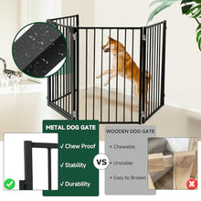 Load image into Gallery viewer, Snagle Paw Metal Freestanding Dog Gate with Door, 80” W x 24” H Dog Fence with Support Feet for Doorways, Stairs and Hallways, Portable Pet Gate for Indoor Use (4 Panel, Black)