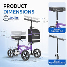 Load image into Gallery viewer, BlessReach Steerable Knee Walker Deluxe Medical Scooter for Foot Injuries Compact Crutches, with Dual Rear on-Wheel Brake and Shock Absorption Under The Knee pad(Purple)