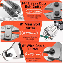 Load image into Gallery viewer, 3Pcs Bolt Cutter Set with 14" Heavy Duty Bolt Cutter,8" Mini Bolt Cutter,8" Wire Rope Cutter & Storage Bag for Cutting Locks,Padlocks,Chains,Steel Cable,Barbed Wire,Iron Rod,Metal,Fence