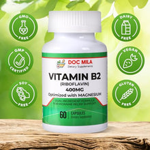 Load image into Gallery viewer, Doc Mila Vitamin B2 Riboflavin 400mg Capsules – Migraine Relief Supplement for Kids & Adults – Headache Support – Vegan Vitamin Tablets – 60 Pills (200mg per Capsule)